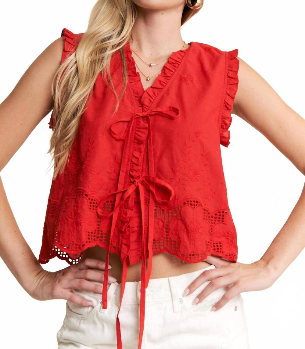 NEW JADE BY JANE eyelet embroidered tie-front top in red